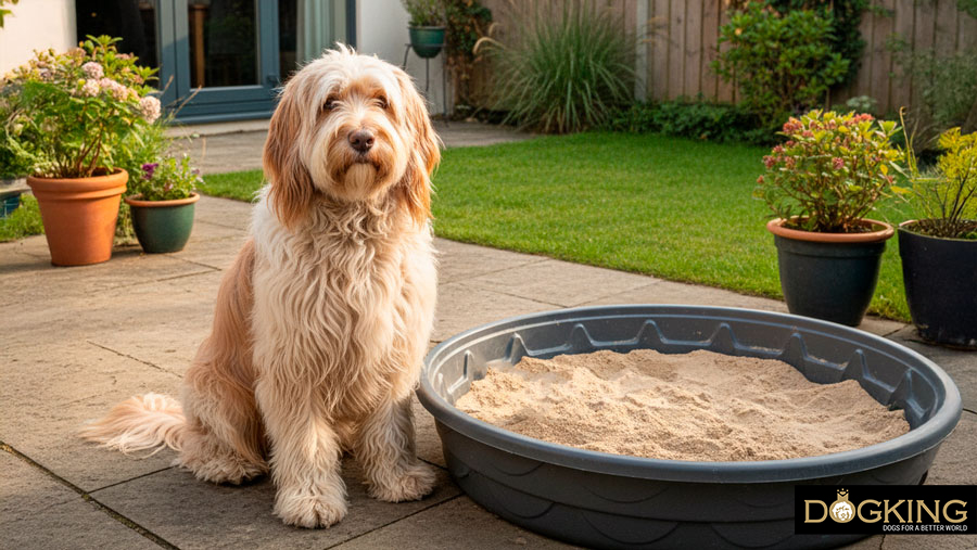 Dog next to its litter tray