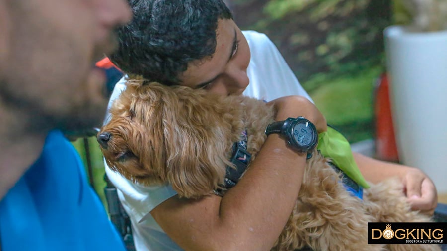 Child showing physical affection to a dog.