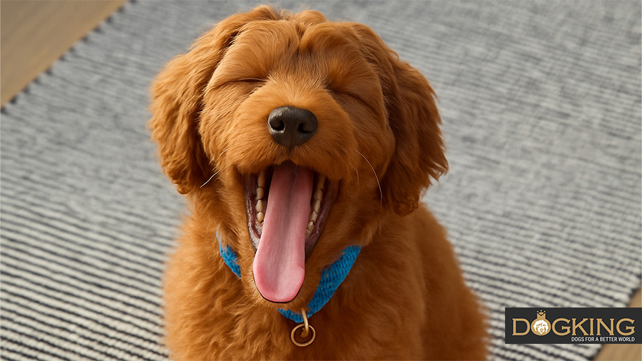 Yawning dog Red-haired puppy yawns showing its big pink tongue.