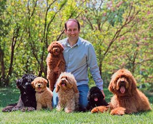 man with dogs and puppies in a park in nature