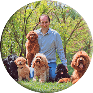 Uomo con cani e cuccioli nell'immagine rotonda del parco