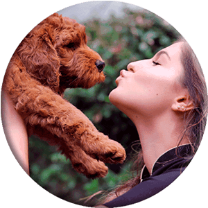Immagine rotonda del cucciolo che bacia graziosa della donna
