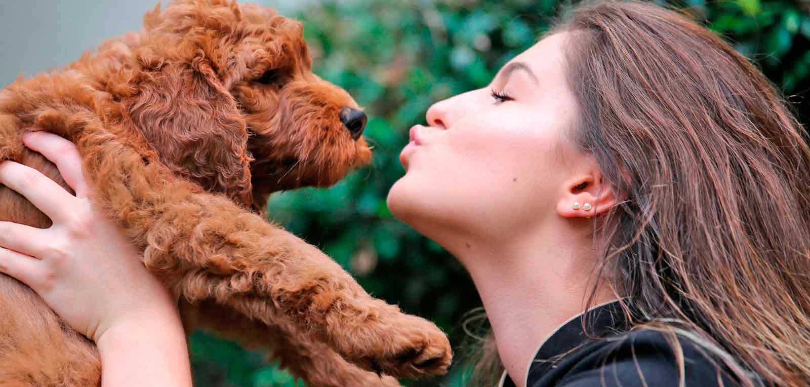 Pretty woman kissing puppy