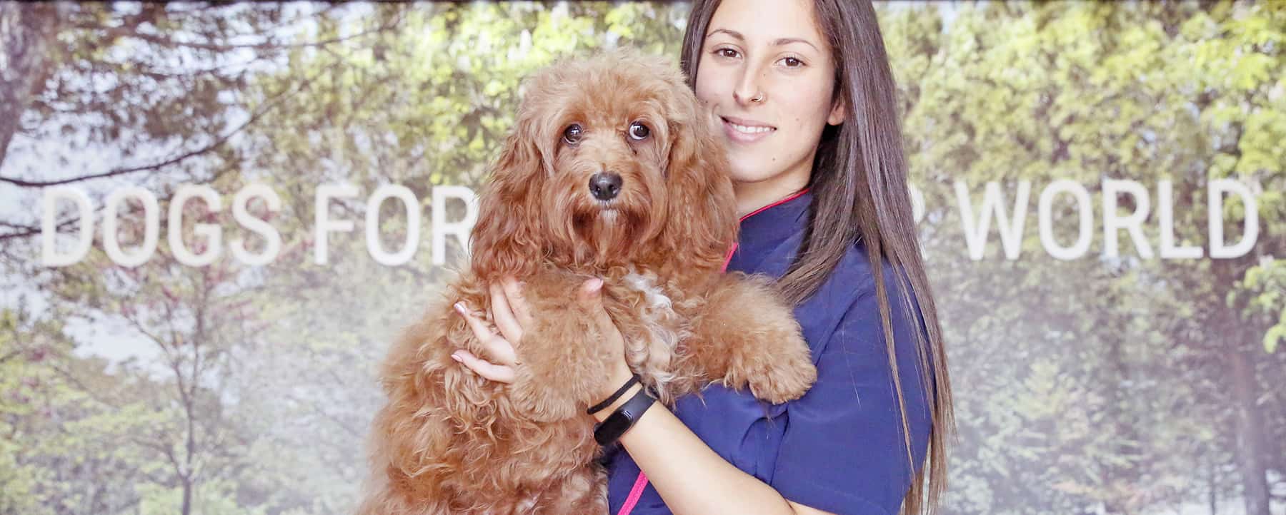 beautiful woman holding a dog in her arms